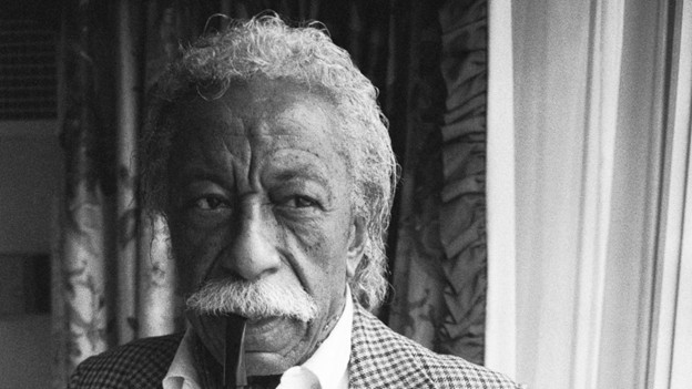 A distinguished elderly man with curly hair and a mustache, holding a pipe, standing indoors near a window with draped curtains.